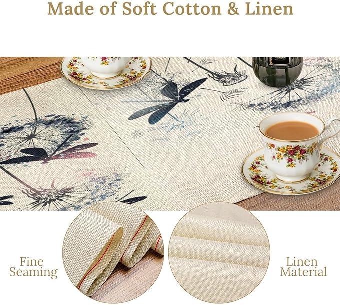 Dandelion Table Runner,Nature Rustic Dragonfly Teal Blue Floral Pattern Print Burlap Tablecloth for Hotel Indoors Outdoor Dining Room Kitchen Table Decor, 13x36in