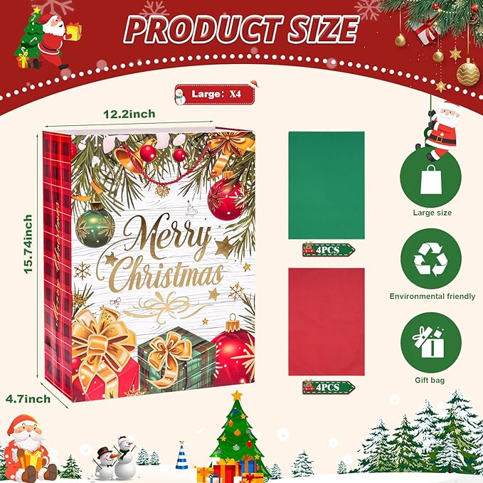 LYLIN 4Pcs 16" Large Christmas Gift Bags with 8 Tissue Papers, Reusable Christmas Tote Bags with Handles, Bulk Xmas Treat Bags for Wrapping Gifts, Party Favors and Holiday Decor