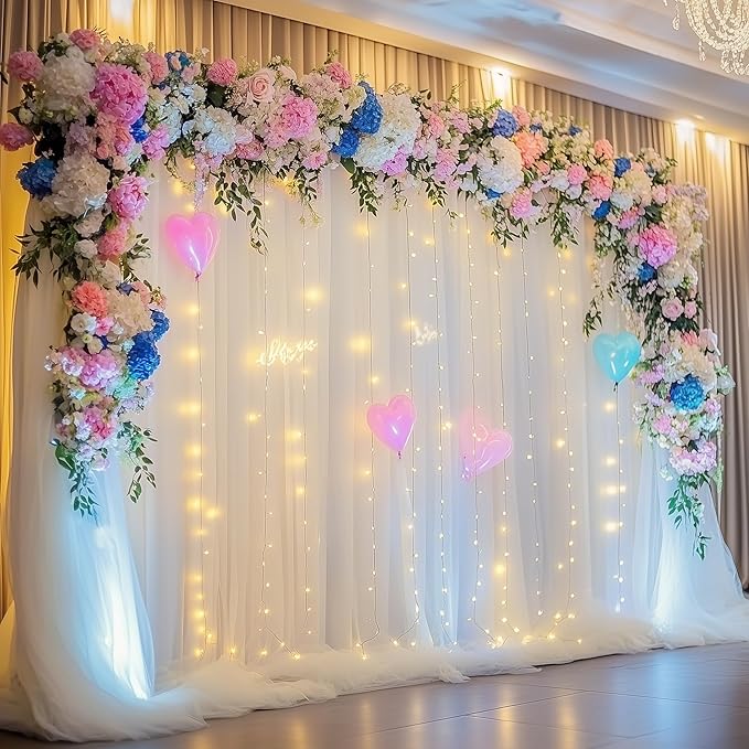 Tulle Backdrop Curtain with Lights String 10FT X 10FT Ivory Sheer Tulle Backdrop Curtains for Wedding Birthday Party Reception Photo Booth Background Decorations (2 Panels 5x10FT)