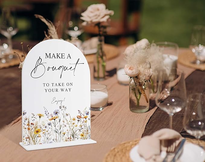 Wedding Signs for Ceremony and Reception, Boho Floral Acrylic Make A Bouquet Sign Sign, Wedding Signage with Stand, Bridal Shower Table Centerpieces, Supplies for Engagement Reception Event Party, 21