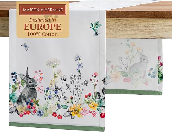 Maison d' Hermine Table Runner 100% Cotton Single Layer Table Runners 108 inches Long Decorative for Kitchen Dining Party Baby Shower Wedding Bridal Shower Spring Summer (Printemps, 14.50" x 108")