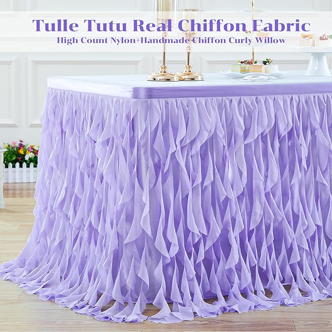 PARTISKY Lavender Purple Tulle Curly Willow Table Skirt for Rectangle Table 17ft, Ruffle Tutu Table Cloth for Girls Boys Baby Shower,Mermaid Birthday Party