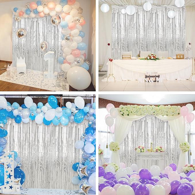 Crosize 2 Pack 3.3 x 9.9 ft Silver Foil Fringe Backdrop Curtain, Streamer Backdrop Curtains, Streamers Birthday Party Decorations, Tinsel Curtain for Parties, Photo Booth Backdrops, Party Décor