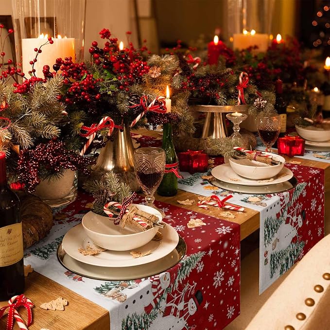 Christmas Snowman Cotton Linen Table Runner for Dining Kitchen, Xmas Tree White Snowflakes Winter Wedding Outdoor Party Tablerunners Decoration, Dresser Scarf Coffee Tablecloth Runners 13x72 Inches