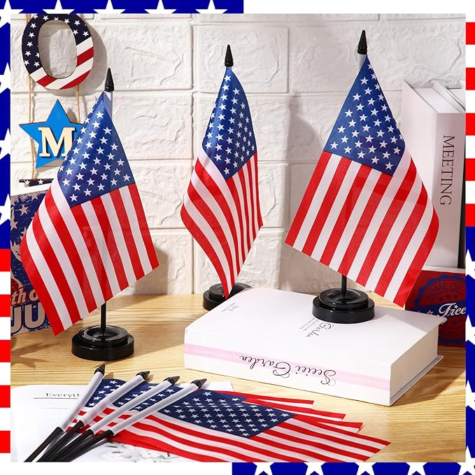 24 Pcs American Desk Flag Set Small USA Flags for Table with 13" Black Pole, Black Base and Spear Top, American Flag for Home Office Party Festival Celebrations Decor