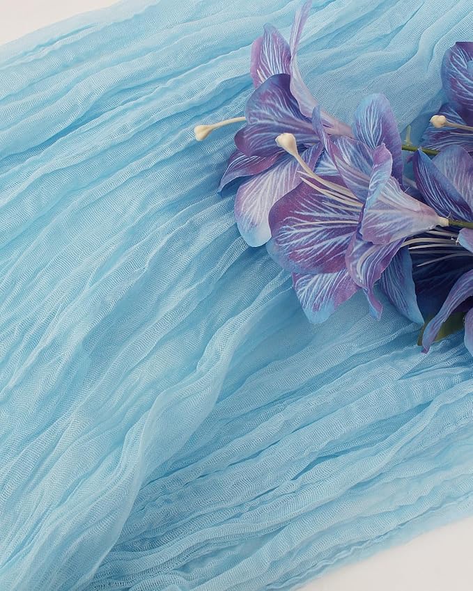 Blue Cheesecloth Table Runner 120 Inch, Light Blue Boho Gauze 10 FT, Rustic Cheese Cloth Table Runner for Wedding, Baby Bridal Shower, Birthday, Party, Holiday Decor Home Decorations