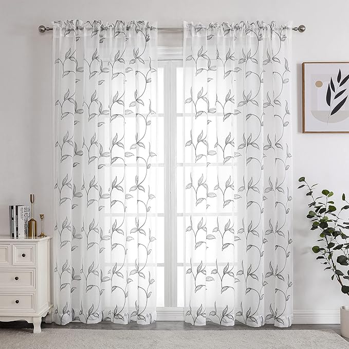 VISIONTEX Sheer Curtains 84 Inch Length 2 Panels, Decor Iron Grey Vine Leaves Embroidery on White Voile Pair, Accent Semi Window Drapes for Kitchen, Living Room and Bedroom, 54" W x 84" L