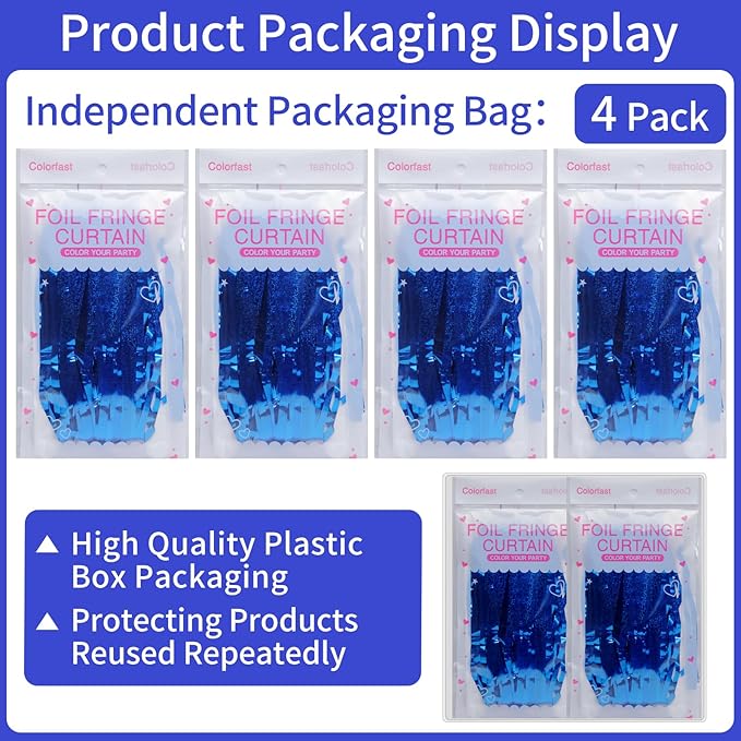 Picoway 4 Pack Foil Fringe Tinsel Backdrop Curtains, Birthday Engagement Bachelorette Party Decorations, Photo Booth Props Door Streamers Curtain (Blue)