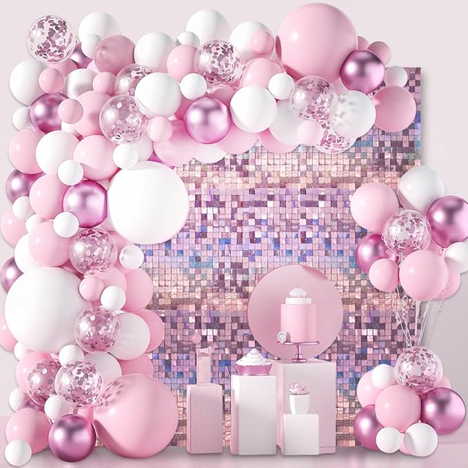 24PCS Light Pink Shimmer Wall Backdrop, Laser Square Sequin Photo Backdrops Panel, Glitter Wall Background for Birthdays, Weddings, Christmas, Engagements, Disco Bachelorette Party Decor (4FTx6FT)