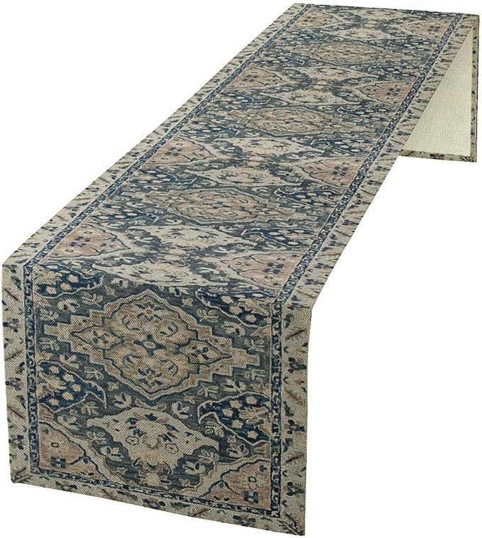 Vintage Boho Floral Table Runner, Rustic Country Farmhouse Blue Grey Retro Flower Pattern for Home Kitchen Table Decor Dining Coffee Room Party Decor 13x120in