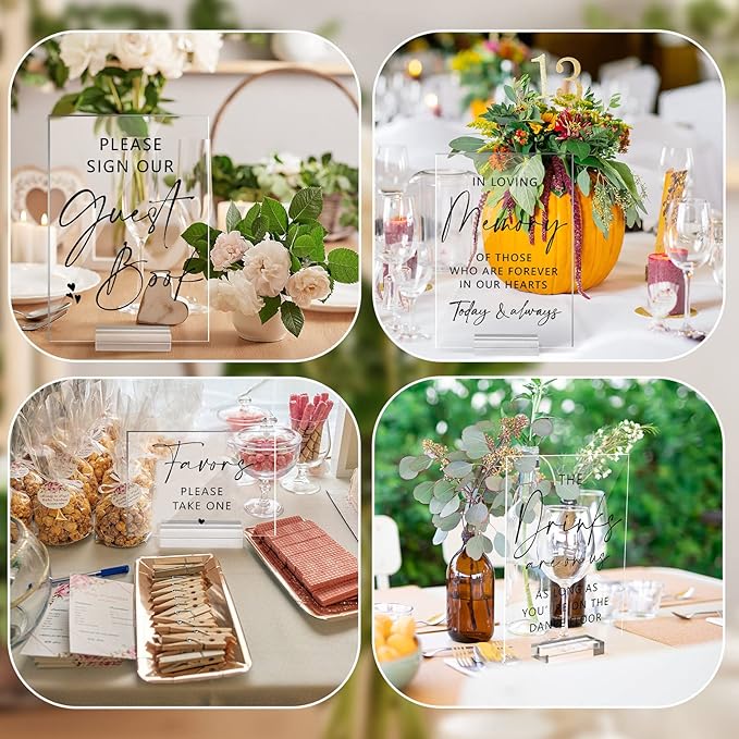 Weysat 6 Pcs Clear Acrylic Wedding Signs for Reception and Ceremony 5'' x 7'' Wedding Signage with Stand in Loving Memory Table Decorations Cards and Gifts Guestbook Reserved Table Sign(Classic Style)