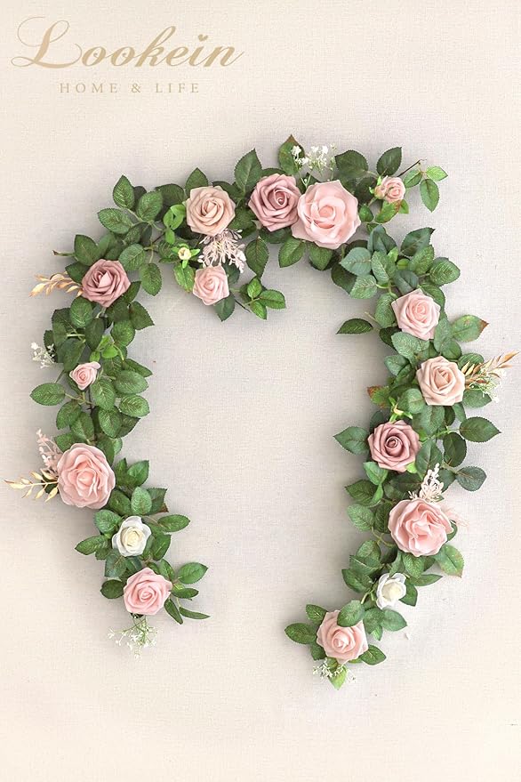 Lookein Artificial Rose Flower Garland Greenery Garland 5FT for Wedding Ceremony Backdrop Arch Flowers Table Centerpieces Decorations, Romantic Blush