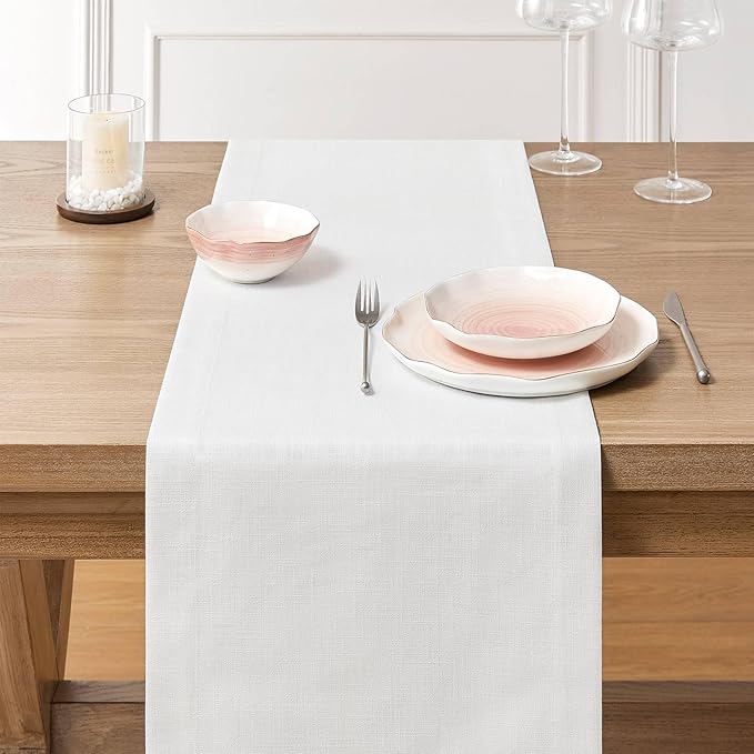 ZeeMart Linen Textured Border Table Runner, 14 x 60 Inch White, Farmhouse Style White Table Runners 60 Inches Long, Easy Care Everyday Polyester Table Runner