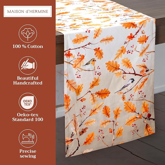 Maison d' Hermine Table Runner 100% Cotton Double Layer Table Runners 72 inches Long for Thanksgiving Christmas Decorations Home Kitchen Dining Party Wedding (Oak Leaves, 14.5" x 72")