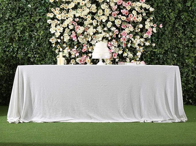 SquarePie Sequin Tablecloth 90 x 132 Inch White Sparkly Table Cloth for Wedding Party