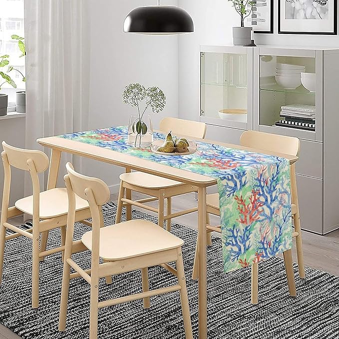 Summer Shell Starfish Table Runner, Seasonal Spring Summer Tropical Ocean Beach Indoor Party Kitchen Outdoor Table Decor 13x70 Inch