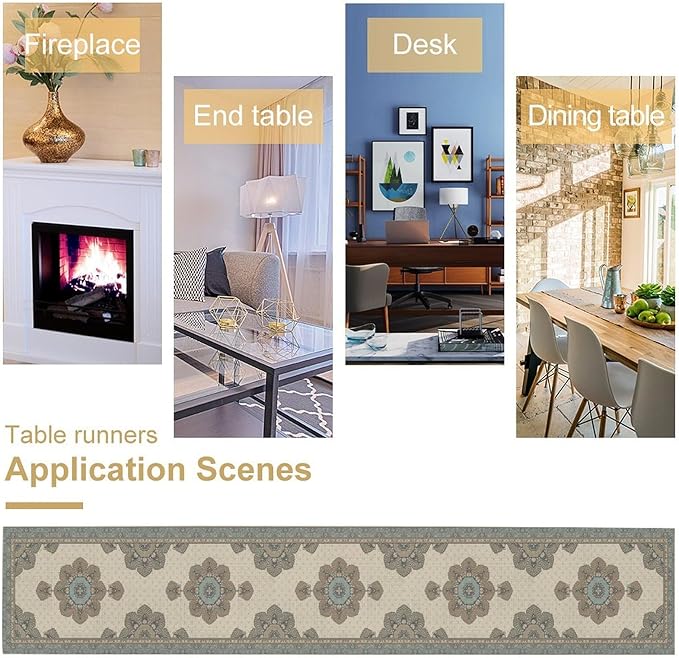 Boho Bohemia Style Table Runner, Vintage Teal Brown Retro Flower Rustic Country Style Floral Print Pattern for Home Kitchen Table Decor Dining Coffee Room Garden Party Decor 13x60in