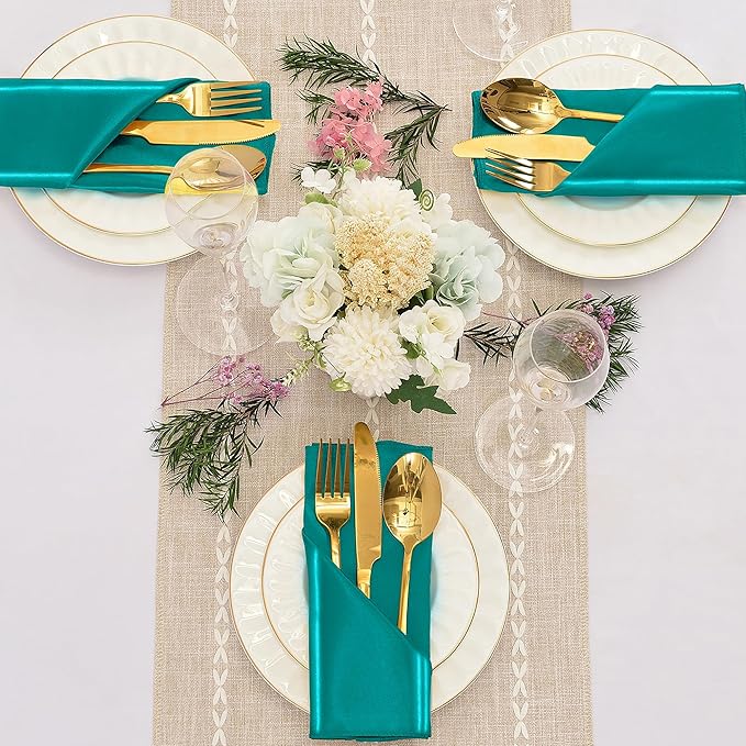 12 Pieces Teal Satin Napkins, 17" x 17" Square Table Napkins, Silky Soft Smooth Washable Napkins for Restaurant, Weddings, Dinner, Party Decoration
