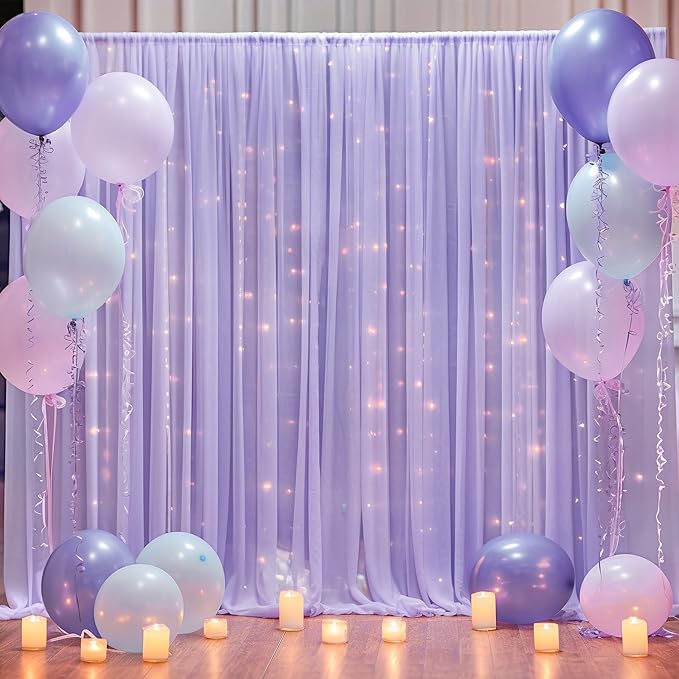 20×10ft Purple Tulle Backdrop Curtain with Lights String for Parties, Sheer Photo Backdrop Curtains for Wedding Party Photography Background