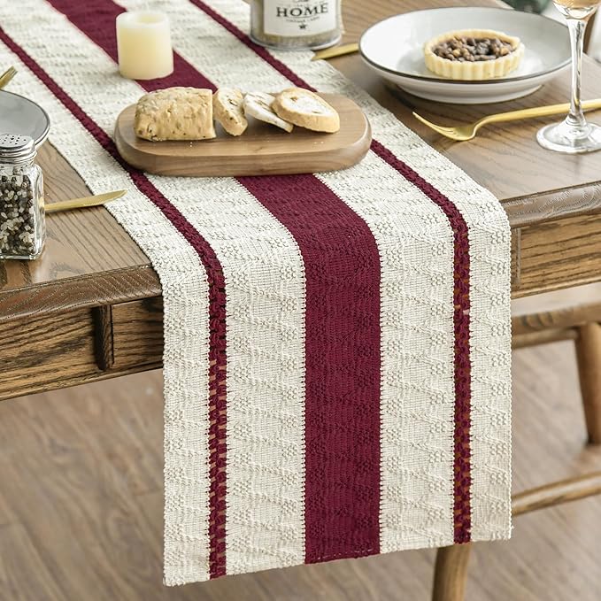 Artoid Mode Red Farmhouse Woven Rustic Table Runner, Seasonal Holiday Hollow Kitchen Dining Table Decoration for Home Party Decor 12x36 Inch