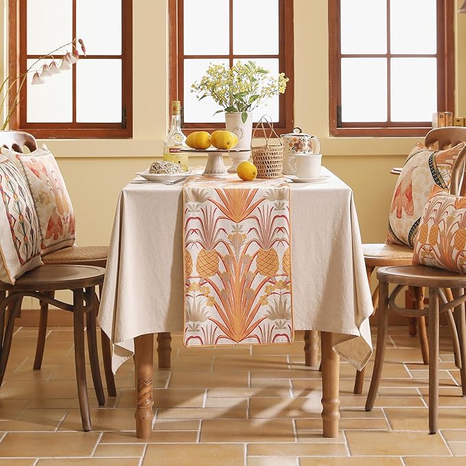 patdrea Designer Tropical Linen Table Runner 87 Inch Long, Yellow Vintage Elegant with Pineapple Pattern Table Mat,Decoration for Kitchen Dining Coffee Table Cover Banquet Christmas , 12"*87"