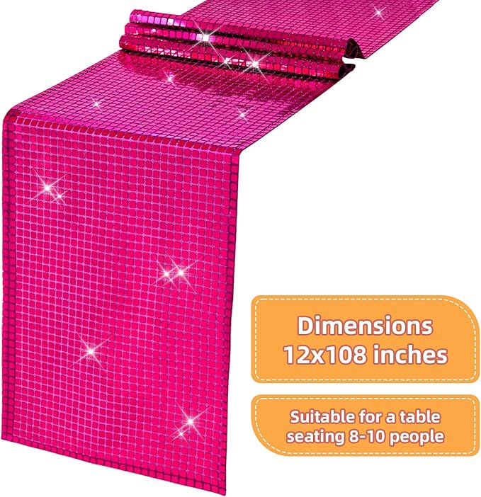 SquarePie Disco Table Runner 6 Pack - Hot Pink Mirror Sequin Glitter Foil Runner for Disco Party Decor Retro 70s 80s Theme, Bachelorette Birthday Dance Decoration 12x108 Inch