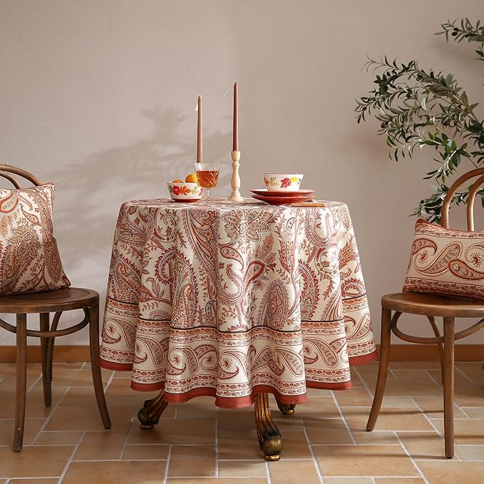 ISAENNE Designer French Red Round Tablecloth,Fall Linen Table Cloth with Cashew Pattern,Stain Proof Decor Tablecloths for Dining Thanksgiving Kitchen Christmas,Diameter 67"-Chauffrey D