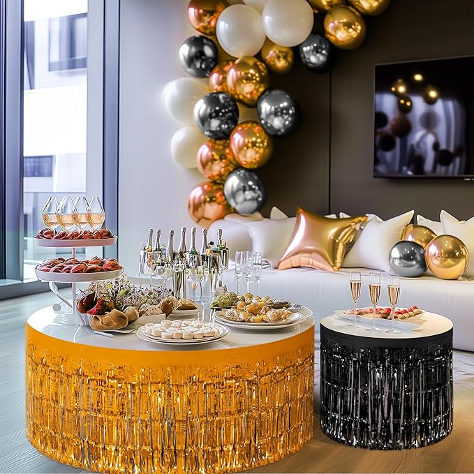 2 Pack Black Orange Table Skirts, 29x108" Metallic Foil Tinsel Fringe Table Skirt for Rectangle Tables Streamer Curtains Backdrop, Party Decorations for Birthdays, Weddings, Holidays