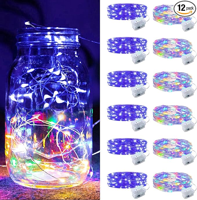 ZGWJ 12 Pack Fairy Lights Battery Operated, 7ft 20 Mini LED Fairy String Lights Silver Wire 3 Modes for DIY, Parties, Wedding, Bedroom, Halloween Christmas Decoration Colorful and Blue