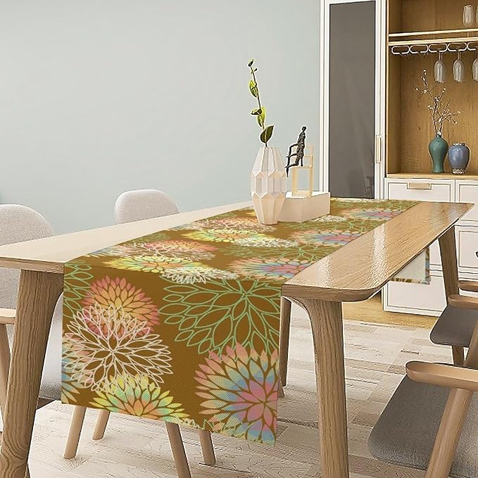 Brown Grey Dahlia Flower Table Runner, Linen Geometric Pattern Floral Table Decor Spring Farmhouse Decorations for Kitchen Dining Holiday Party Decor, 13x120 Inch