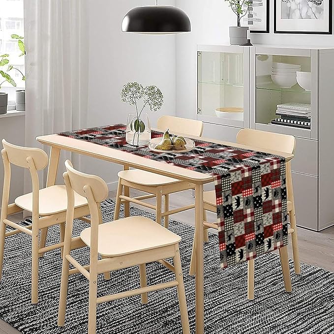 Rustic Farm Table Runner,Vintage Woodland Deer Bear Animal Buffalo Plaid Print Tablecloth Burlap for Hotel Indoors Outdoor Dining Room Kitchen Home Decor,W13X L70 in