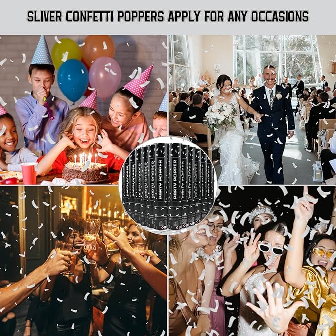 Party Poppers Confetti Cannon 12 Pack Silver Poppers 12 Inch Party Shooters Mylar Confetti Silver Foil Confetti Cannons Bulk for Wedding Birthday Graduation Baby Gender Reveal Christmas New Year
