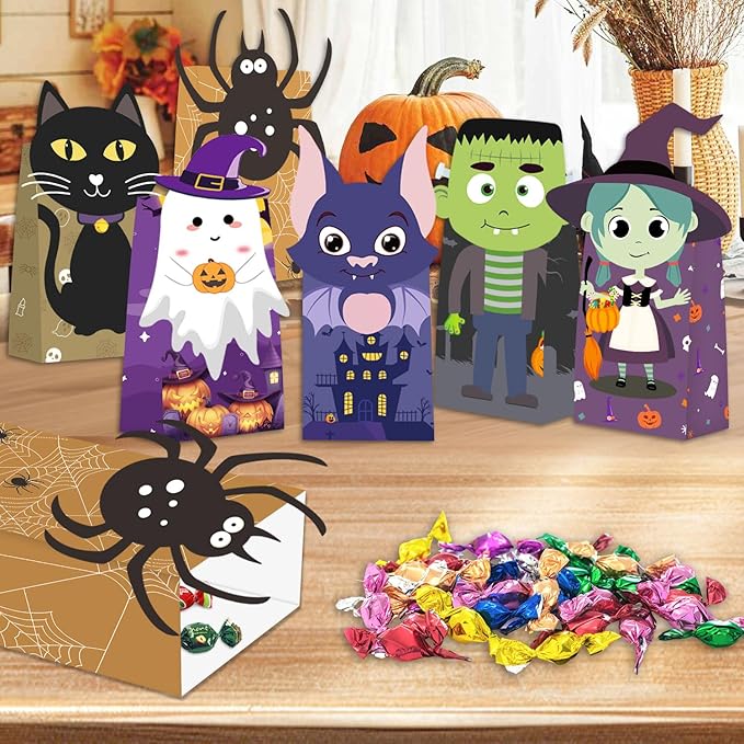 Tikitup Halloween Treat Bags-24pcs Trick or Treat Goody Bags with 24pcs Stickers,Mini Paper Gift Bags for Treats Snacks, Goodie Bags Party Supplies, Holiday Pastries Supplies