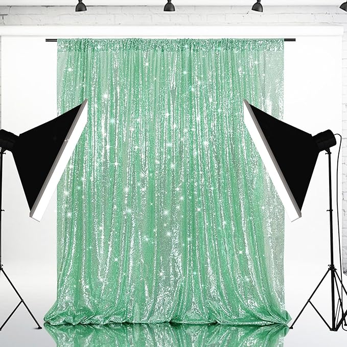 Eternal Beauty Mint Green Sequin Backdrop, 4x7 Ft Glitter Background Curtains for Shimmer Photography Party Wedding Birthday Back Drop Decor
