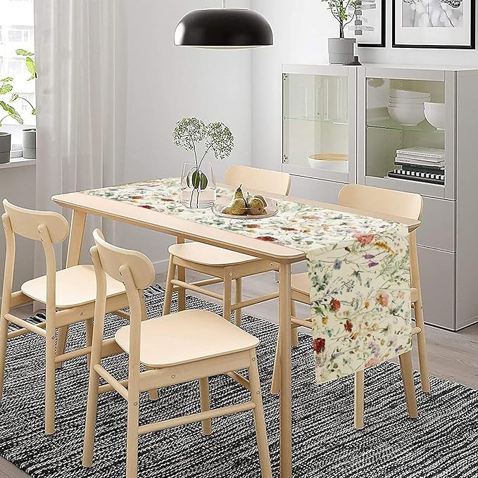 Floral Butterfly Table Runner,Rustic Colorful Flower Botanical Watercolor Pattern Print Burlap for Hotel Indoors Outdoor Dining Room Kitchen Holiday Party, 13x60in