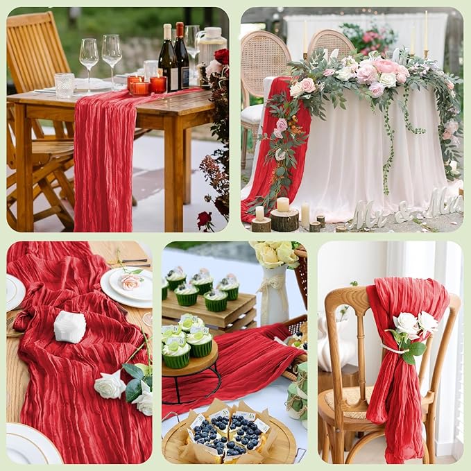 Asee'm 3PCS Fall Table Runner Cheesecloth 10FT Red Boho Gauze Fabric Rustic Sheer Cheese Cloth Runners for Thanksgiving Christmas Wedding Bridal Shower Party