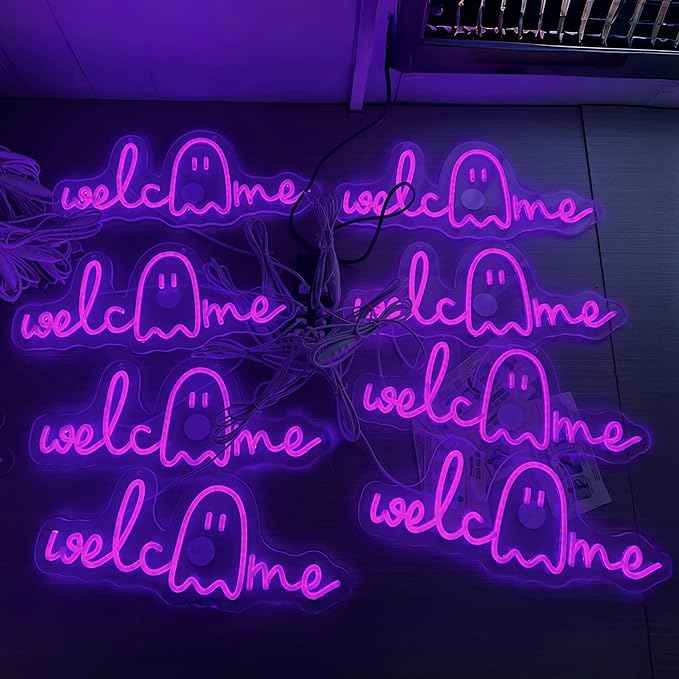 Halloween Welcome Ghouls Neon Sign, Spooky Ghost LED Halloween Decor, Haunted House Entryway Light, Available Gothic Haunted Mansion Light for Bedroom Bar Cave Room Decor Party Home-Purple