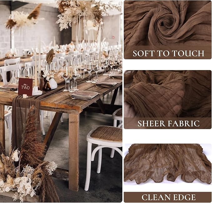 3 Pack Brown Cheesecloth Table Runner 35x120 Inch Gauze Coffee Table Runner Rustic Boho Cheese Cloth Sheer Runner for Wedding Baby Shower Bridal Shower Birthday Party Fall Decorations