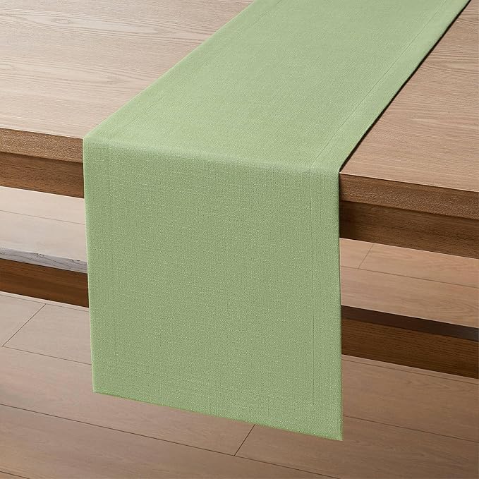 ZeeMart Linen Textured Border Table Runner, 14 x 90 Inch Green, Farmhouse Style Sage Green Table Runners 90 Inches Long, Easy Care Everyday Polyester Table Runner