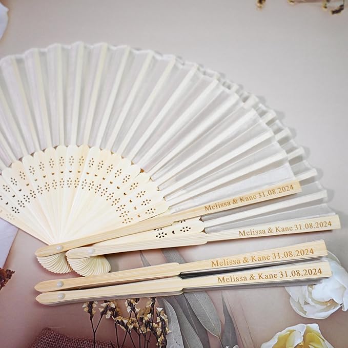 100 Set Personalized Cream Wedding Fans for Guests Bulk, Custom Engraved Summer Wedding Fans, Silk Hand Fans Handheld Folded Fan Baby Shower Favors for Bridal Bridesmaid Gift Church Dancing Party
