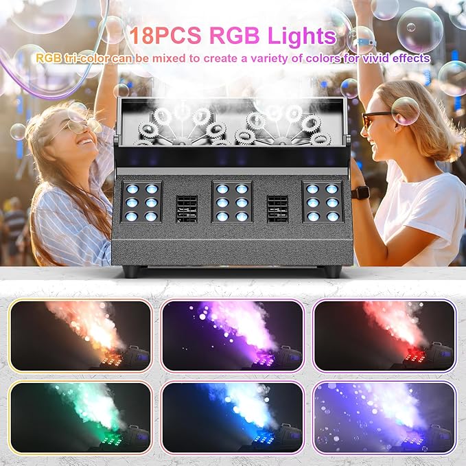 2000W Fog Machine, 3 in 1 Fog Bubble Machine with 2 Bubble Fans, 18 RGB LED Lights Smoke Bubble ALL IN ONE Fog Machine, Bubble Machine for Halloween Christmas Party Wedding, 2 Pack