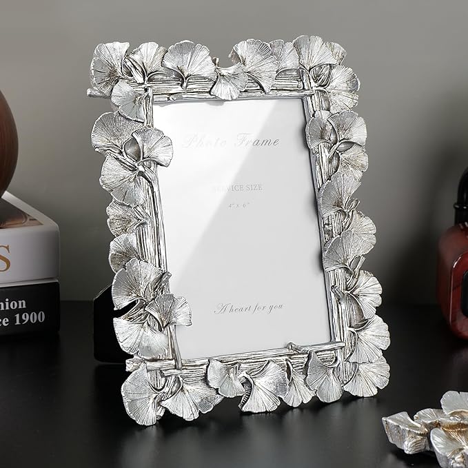 Cuspin 4x6 Silver Picture Frame, Vintage Silver Ornate Leaf Textured Hand-Crafted Resin with Glass Front Antique Photo Frame for Tabletop Display, Retro Design Home Decor