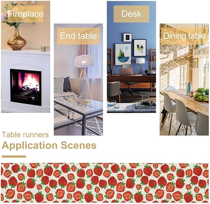 Strawberry Table Runner,Spring Summer Fruit Print Table Runner for Kitchen Dining Table Home Party Decoration 13x90 Inch