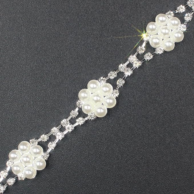 PEARLY JUN 1 Yard Pearl Rhinestone Trim Chain Silver Crystal Fringe Diamond Applique Ribbon String Tassel Strip for Sewing Wedding Dress Crafting Crafts Flower Embellishments