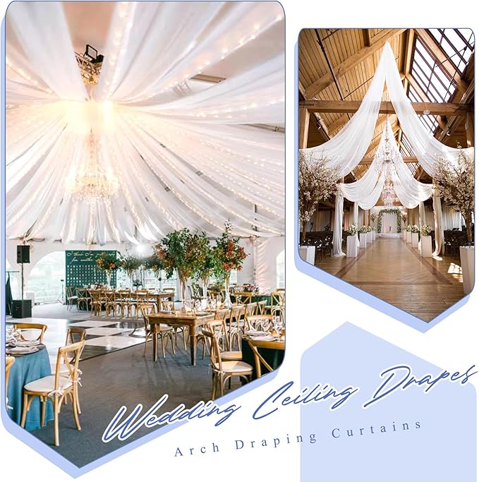 8 Panels White Ceiling Drapes for Wedding 5ftx30ft Sheer Drapery Chiffon Fabric Arch Draping Curtains for Party Ceremony Birthday Baby Shower Reception Stage Ceiling Decorations