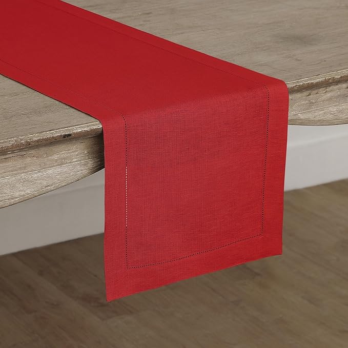 Solino Home Linen Red Table Runner 144 Inches Long - 100% Pure Linen Extra Long Table Runner 14 x 144 Inch for Christmas, Holiday - Classic Hemstitch