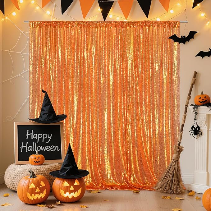 Poise3EHome Orange Sequin Backdrop, 10Ft x 10Ft Glitter Photography Background Curtains for Halloween Party Wedding Birthday Christmas Thanksgiving Decoration
