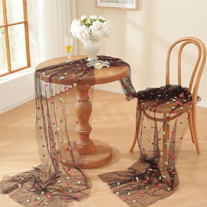 Black Embroidery Daisy Fall Table Runner 120Inch 10FT Florals Soft Sheer Tulle Fabric Table Runner for Home Decor, Brithday, Wedding, Baby Shower ,Holiday ,Parties, DIY Craft,1PC