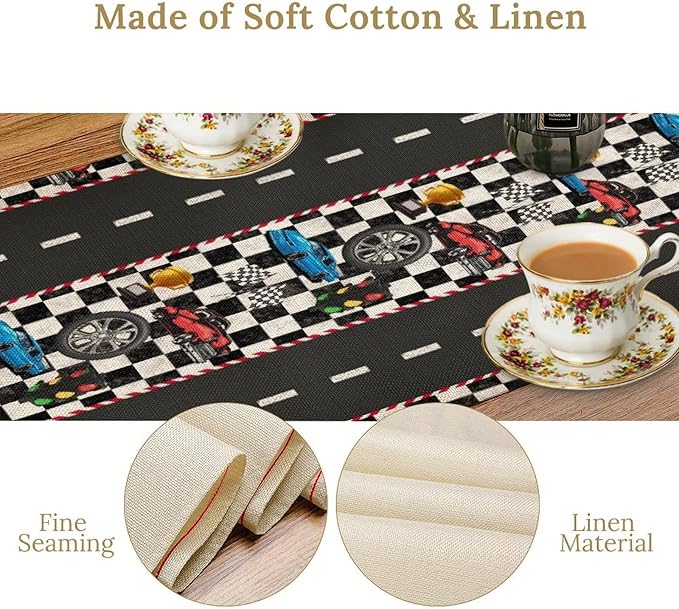 Race Car Table Runner,Checkered Flag Black and White Race Cars Pattern Print Tablecloth Burlap for Hotel Indoors Outdoor Dining Room Kitchen Home Decor,W13X L36 in