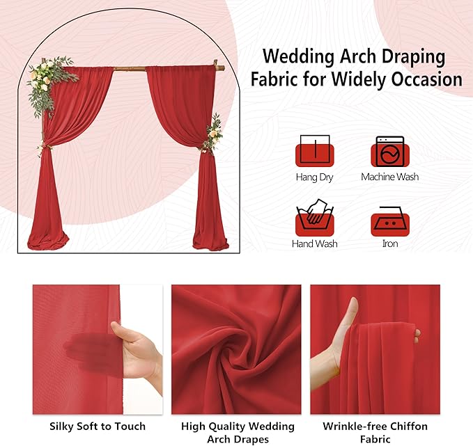 6 Panels Red Wedding Arch Drapery 28" x 20Ft Wedding Arch Draping Fabric Chiffon Fabric Drape Sheer Backdrop Curtain for Weddings Outdoor Party Ceremony Birthday Arbor Drapery Reception Ceiling Décor